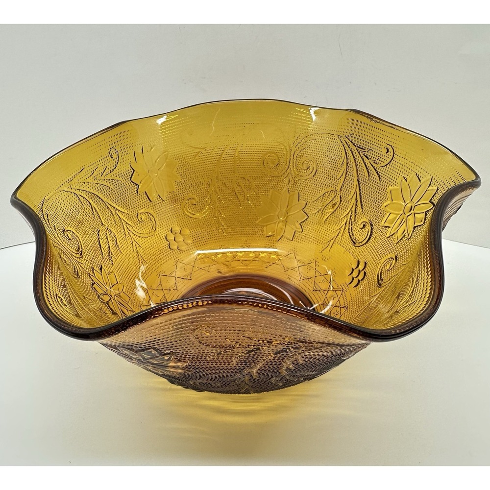 Indiana Glass Tiara 10 Inch Amber Bowl Sandwich Pattern Crimped Ruffled Edge